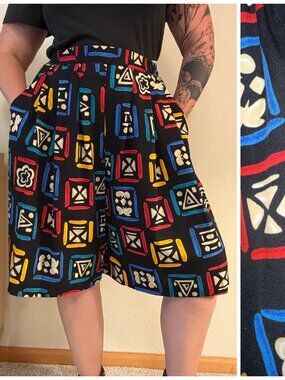 Vintage 90s Worthington Bright Geometric Print Pleated Relaxed High Rise Shorts